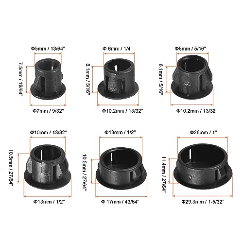 Image of uxcell Plastic Hole Plugs, 135Pcs 6 Sizes 3 /16 inch 1 /4 inch 5 /16 inch 3 /8 inch 1 /2 inch 1 inch Flush Type Panel Snap in Knockout Locking Plugs for Furniture Panels, Black