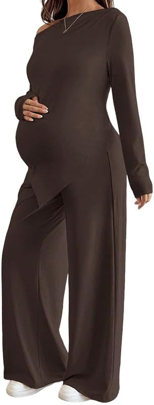 My Sky Women's Maternity 2 Piece Outfits Lounge Set Knit Long Sleeve Shirts Pants Pregnancy Set