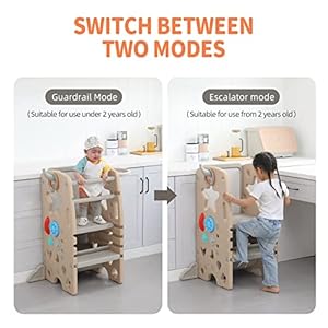 UNICOO Multifunctional Kids Step Stool with Double Safety Rails Height Adjustable Toddler Tower for Kitchen Countertop and Bathroom with Big Drawing Board Games OMLT Light Brown