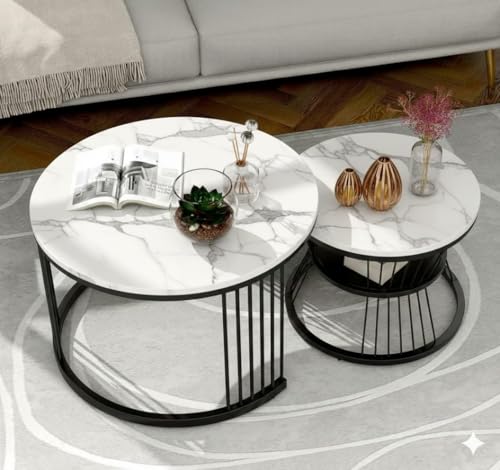 Image of Roldo Modern Nesting Coffee Table Set of 2 for Living Room, Round Coffee & Side Table with Metal Frame and Marble Finish MDF Top, Center Table for Sofa, Home Decor Office & Apartment (Black White)