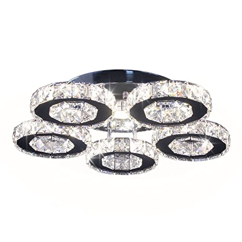 Modern Big Crystal Ceiling Light LED Chandelier Five Ring Pendant Light for Dinning Room Bedroom Kitchen(Changeable Color)