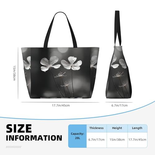 Black and White Flowers Print Large Capacity Foldable Washable Zipper Beach Travel Tote Bag ShoppingBag4