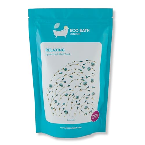 Image of Eco Bath London Relaxing Lavender Epsom Salt Bath Soak - Pouch 2.2 lb (1 kg), Made in UK, Natural Magnesium Bath Salt, Relaxing Spa Bath Soak for Stress Relief, Self Care Gift for Women and Men