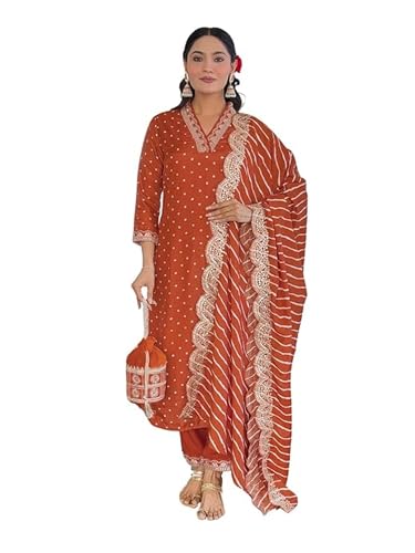 Naixa Women's Rayon Cotton Lining Embroidered Straight Kurta with Pant and Dupatta Sets (NX-470)