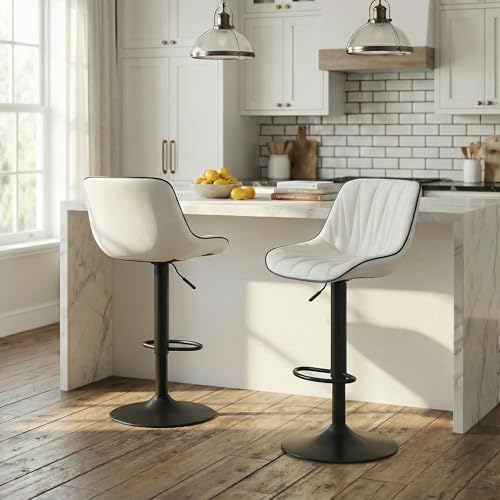 YOUNIKE Bar Stools Set of 2 for Kitchen Island, White Faux Leather Padded Bar Stools, Adjustable Barstools with Back, Modern Tall Bar Stools with 300LBS Support, Counter Height Swivel Bar Chairs - Thumbnail 4