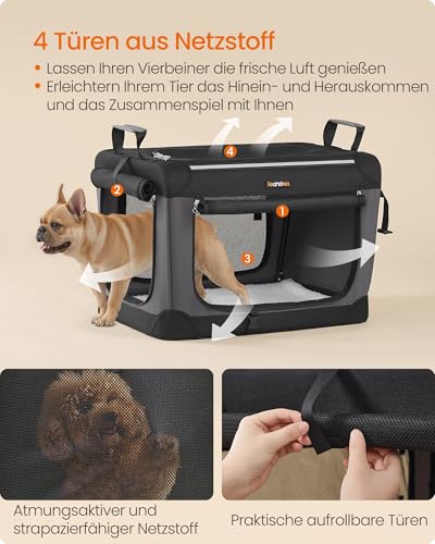 Feandrea Hundebox faltbar, 60 cm Transportbox für kleine Hunde, Hundetasche, Oxford-Gewebe, mit 4 Türen aus Netzstoff, Griffen, Taschen für Futter und Wasserflasche, tintenschwarz PDC016B01