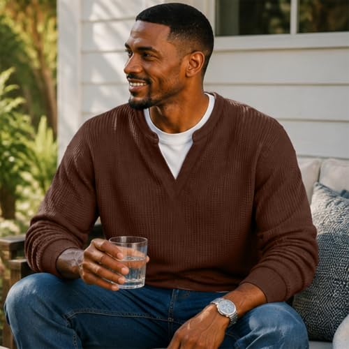 Layered Waffle Tee Men Long Sleeve Vneck Layered Comfort Waffle Tee - image 4