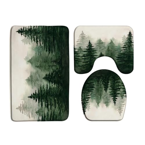 ZNLSU 3 Piece Misty Forest Bath Mat Sets Watercolor Pine