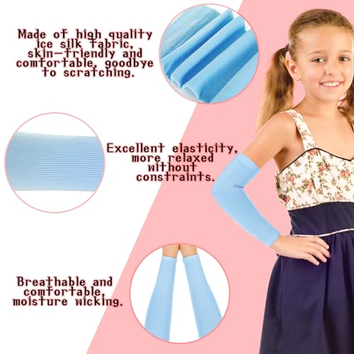 3Pairs Kids Arm Sleeves Thinly UV Sun Protection Cooling Arm Cover Compression Sleeves, Outdoor Sport Breathable Elastic Ice Sleeve for Youth Boys Girls (7-12 Years) (Pink&Blue&Yellow)2