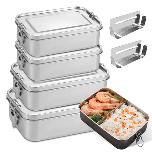 PORFOYO Juego de 4 fiambreras bento de acero inoxidable 304, fiambreras de acero inoxidable en los volúmenes 1400/850/550/550 ml, fiambrera con 2 compartimentos para sopa, ensalada y comidas restantes