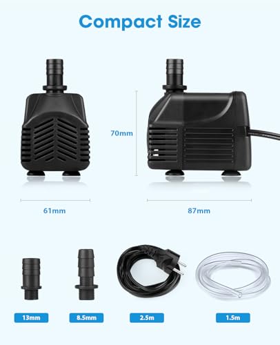 Wasserpumpe Klein Tauchpumpe 25W 1500L/H Pumpe mit 2,5m Kabel, 1,5m Schlauch und 2 Düsen für Aquarien, Gärten, Brunnen, Teich