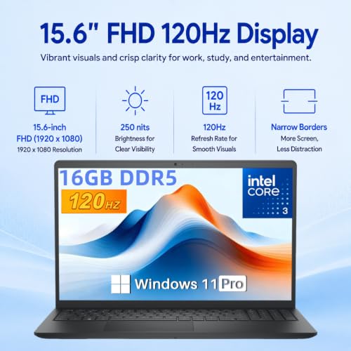 Image of Dell 15 DC15250 FHD 120Hz Laptop 16GB DDR5 1TB SSD Intel Core 3 100U | 10MB cache Up to 4.7 GHz, 15.6 inch FHD LED 250 Nits Anti-Glare, Wi-Fi6, Bluetooth5.3, Webcam, Copilot Key, Black, Windows 11 Pro
