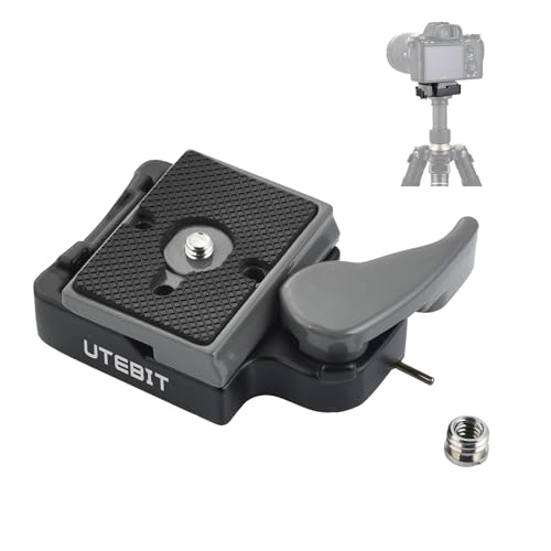 UTEBIT Plateau Rapide Tête de Trépied avec Adaptateur 1/4'' à 3/8'', Plateau de Dégagement Rapide Compatible avec Manfrotto 200PL-14 Plaque de Fixation Rapide pour Appareil Photo（Gris