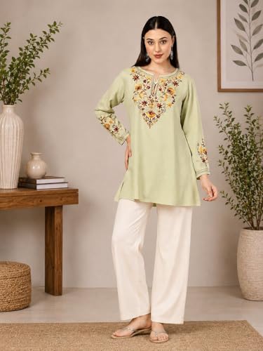 Image of QAZMI Women's Jasmine Kashimiri Aari Embroidered Viscose Rayon A-Line Flared Short Kurti
