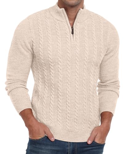Hisir Jersey de punto trenzado con cremallera para hombre, cuello redondo, manga larga, suéter casual para hombre, beige, L