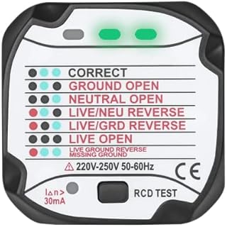 Earth Potential Socket Tester for UK 13amp 240v Power Socket – Checks Live, Neutral and Earth Connections and Polarity with Automatic Status Display – Includes an RCD Breaker Tester