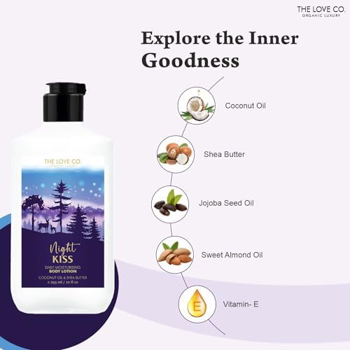 Image of THE LOVE CO. Night Kiss Body Lotion 250ml - Nourishing Moisturizer Cream for Dry Skin - Suitable for Men and Women with Jojoba Oil, Shea Butter & Vitamin E