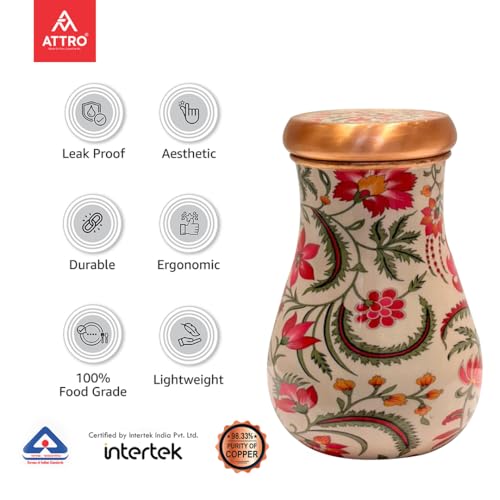 Image of ATTRO Kalash Copper Water Pot - Designer Water Storage & Serving, Ayurvedic Health Benefits, Supports Overall Health & Healthy Skin, 750ml Pink Rose