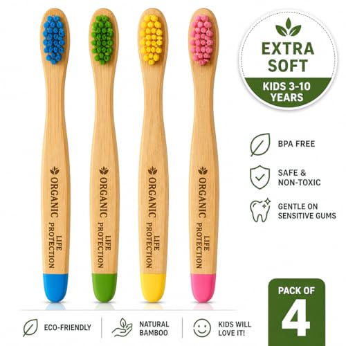 Image of Kids Bamboo Toothbrush (Pack of 4) - Extra Soft Bristles for Toddlers & Kids (3-10 Years), BPA-Free Eco-Friendly Wooden Toothbrush, Gentle Gum Care, Multicolor Children Tooth Brush