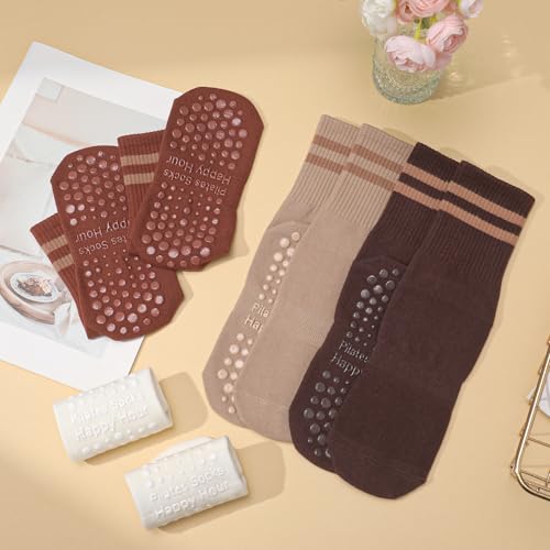 Image of Jspupifip 4 Pairs Pilates Grippy Socks for Women, Long Non Slip Yoga Socks with Grips Crew Socks for Pilates Barre Hospital