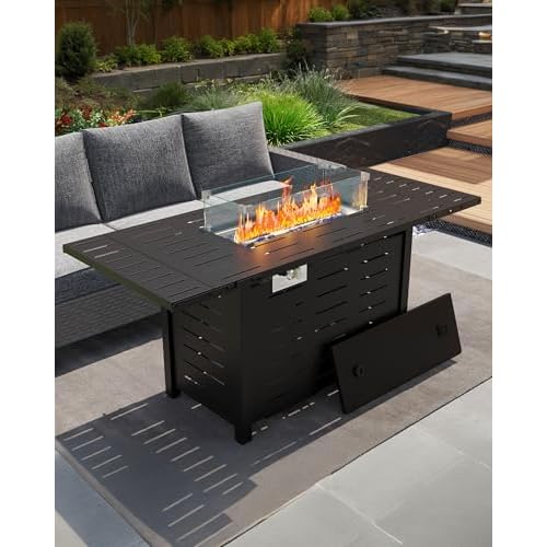 Hipicute 55" Outdoor Propane Fire Pit Table, 48,000 Btu Lp Gas Rectangular Fire Table with Ignition Systems and Lid,Outdoor Firetable with Glass Rocks for Patio Deck Garden Backyard