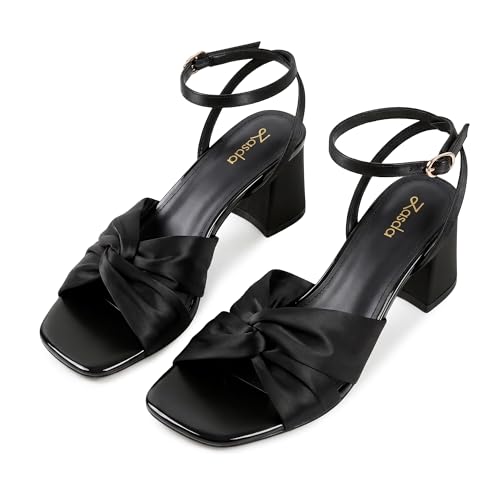 Zasda Women's Bow Heeled Sandals, Square Open Toe Chunky Heels Ankle Strap Dress Shoes for Wedding Bridal Formal