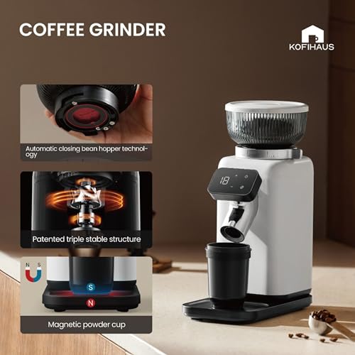 Image of KOFIHAUS Electric Coffee Grinder FC6101 - 150W Conical Burr Grinder with Adjustable Grind Settings, Digital Display & Large Bean Hopper - Professional Espresso & Coffee Grinder (White /Black)