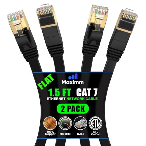 Cat 7 Ethernet Cable 1.5 ft - with a Flat, Space-Saving Design High-Speed Internet & Network LAN Patch Cable, RJ45 Connectors - 1.5ft / Black / 2 Pack - Perfect for Gaming, Streaming, and More