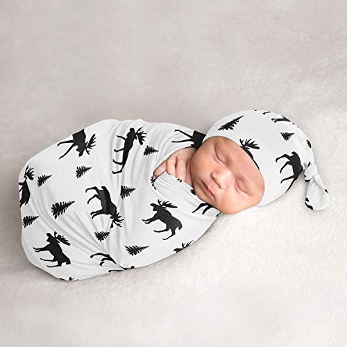Image of Sweet Jojo Designs Woodland Moose Baby Boy Cocoon and Beanie Hat 2pc Set Jersey Stretch Knit Sleeping Bag for Infant Newborn Nursery Sleep Wrap Sack - Black and White Forest Animal Rustic Patch