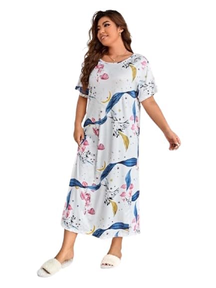 Women’s Loungewear Dress | Soft Short Sleeve Nightgown | Breathable Maxi Dress | Women’s Nightware White Base Blue Pink Yellow Floral Celestial Print Loose Fit Relaxed Home Sleepwear