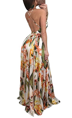 Remelon Womens Sexy Spaghetti Strap Deep V Neck Floral Boho Criss Cross Backless Chiffon Beach Party Long Maxi Dress2
