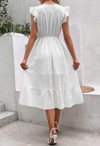 Image of chouyatou Women's Summer Flutter Sleeve Embroidery Eyelet Lace Dress V-Neck A-Line Beach Sun Dress