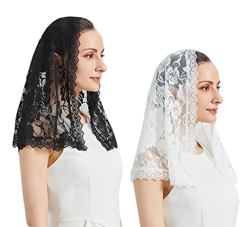 Grettytling Lace Mantilla Veil Soft and comfortable 7 Colors Spanish Style Rose Lace Veil Head Covering D Shape ï¼Œ 2pcs Black&white
