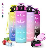Trinkflasche, Trinkflasche 1l, Wasserflasche mit Strohhalm, Auslaufsicher, Sporttrinkflasche, Mit Sicherheitsverschluss, Flasche mit Zeitmarkierung, Flasche für Wandern, Fitness, Camping, Radfahren