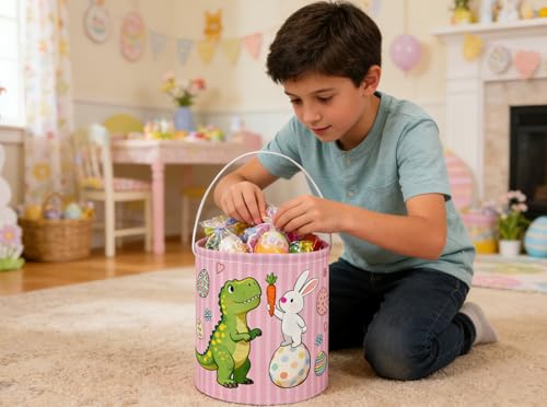 Image of Essme Easter Dinosaur Basket,Kids Easter Basket for Dinosaurs Decor,Dinosaurs Baskets,Gifts for Girls and Boys,Book Bins Empty.(Pink Dinosaur)