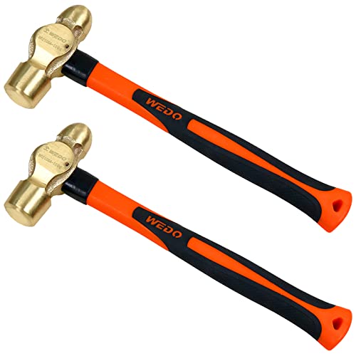 Image of WEDO 2PCS Brass Ball Peen Hammer Set,3 /4lb+1lb,Fiberglass Handle,Die-Forged,Corrosion Resistant,DIN Standard