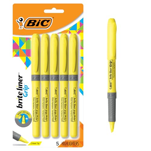 BIC Brite Liner Grip Highlighters, Chisel Tip, 5-Count Pack of Highlighters, Yellow, Ideal Highlighter Set for Organizing and Coloring