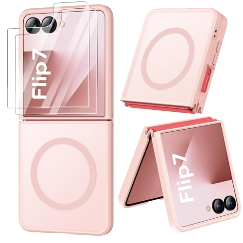 Image of ORETECH Magnetic for Samsung Galaxy Z Flip 7 Case, with [2 x Screen Protector] Translucent Back Non-Slip Hard PC Shockproof Bumper Protective Case for Samsung Z Flip 7 - Light Pink