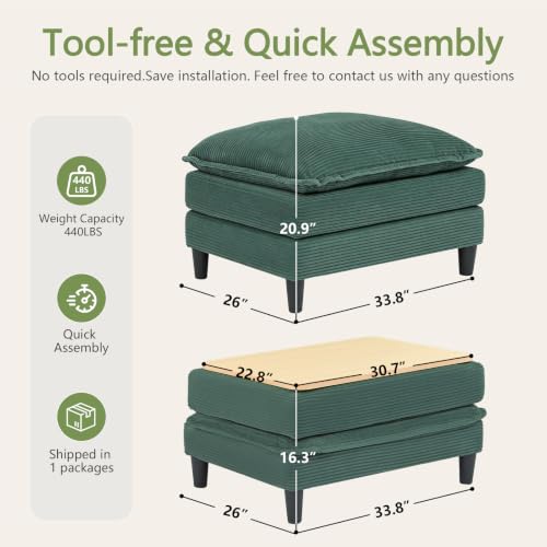 Image of Corduroy Storage Ottoman Coffee Table for Modular Sectional Couch, Corduroy Footrest Extension with Hidden Storage, Modern Soft Cushioned Stool for Living Room, Green