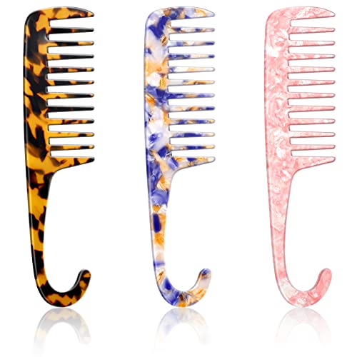 3 Pieces Combs with Hook Wide Teeth Combs Shower Comb Detangler Comb with Hook Hair Brush Tooth Comb Shower Detangling Comb for Curly Wet Dry Hair Hairdressing Home Salon