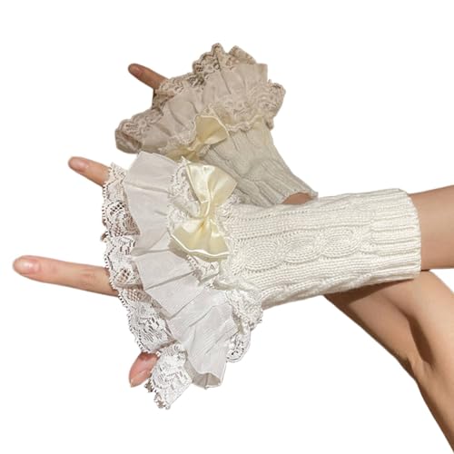 FUFUFARYA Women' s Arm Warmers White Cute Y2K Lolita Arm Sleeve for Girls Lace Bow Trim Knit Grunge Fingerless Gloves