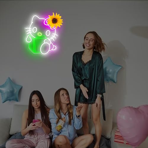Image of Reading Hello Kit Neon Sign Kitty Kawaii Cat Anime Neon Sign Kitty Room Decor Lights for Girl's Room Child Bedroom Birthday Halloween Christmas Gift 10.87''x12.99''