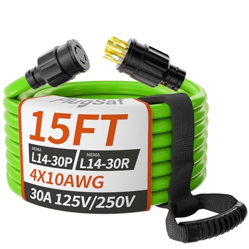 PlugSaf 15FT 30 Amp Generator Extension Cord 4 Prong, NEMA L14-30P/L14-30R 10 Gauge STW 125/250V...