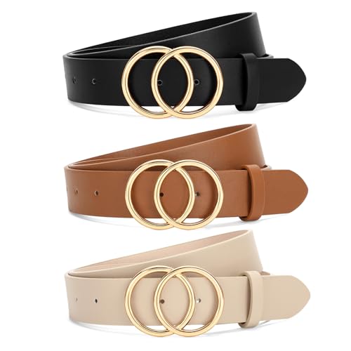 SANSTHS 3 Pack Women Waist Belts for Jeans Pants Dresses, Ladies Belt with Double O-Ring Gold Buckle, Black+Brown+Beige M