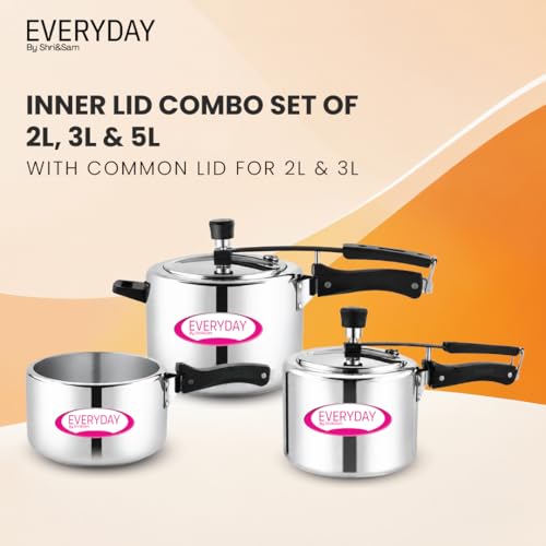 Image of Everyday Stainless Steel Pressure Cooker Combo Set (2L + 3L + 5L) | 2 Litres & 3 Litres Cooker with a Common Lid | Mirror Finish | Inner Lid Design | Gas & Induction Compatible