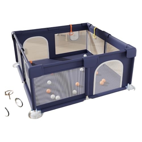 ガードレール付きベビープレイペン(ベビーマット付き)、室内でも屋外でも遊べる大型プレイペン、頑丈、滑り止め、安全な遊び場、洗える、楽しく安全に遊べる広いスペース、メッシュベビープレイペン、自立型、ベビーゲート、円形、軽量 (ダークブルー,130*130)