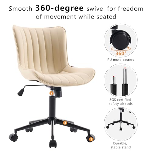 Image of YOUNIKE Office Desk Chair with Wheels Armless Vanity Chair Modern Beige | Faux Leather Upholstered with Rocking Back, Swivel Height Adjustable Small Cute Computer Rolling Task Chair Ergonomic 300lb