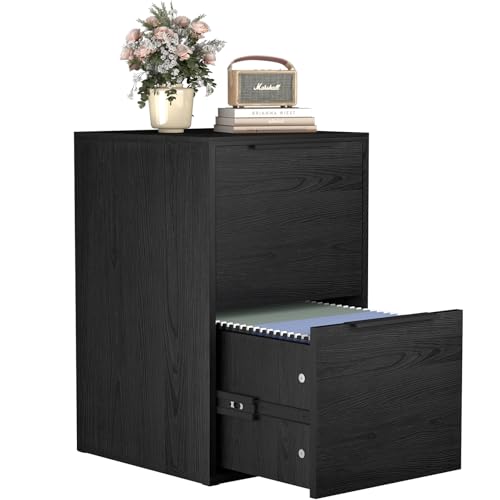 FATIGOS Two Drawer File Cabinet, Black Wood Filing Cabinets for Letter Size/Hanging Files, Small Under Desk File Cabinets for Home Office, Assembly Required