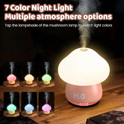 AVEKI Cool Mist Air Humidifier, 200ML Mushroom Shaped Essential Oil Diffuser with 7 Color Touch Night Light, USB Personal Desk Humidifier for Bedroom Office Home, Auto Shut-Off & Super Quiet (Pink) - Image 4