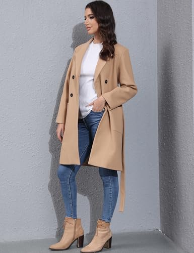 Springrain Womens Winter Wool Pea Coat Warm Notched Collar Double Breasted Belted Coat Long Jacket Outerwear2